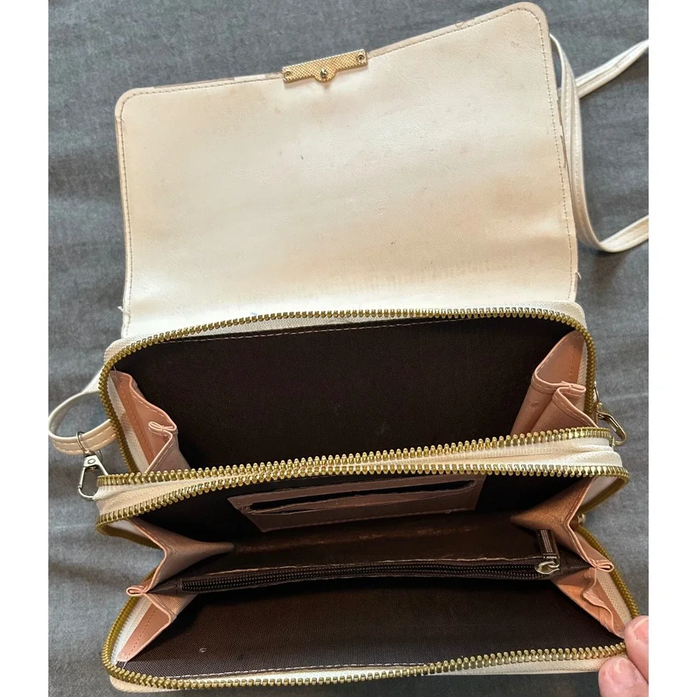 Forever LengRui Cream White Crossbody Wallet Bag Rhinestone Accents Organizer
